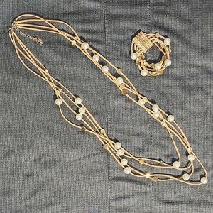 Leather Multi-strand Pearl White Bead Gold-tone Discs Necklace Bracelet Set Boho